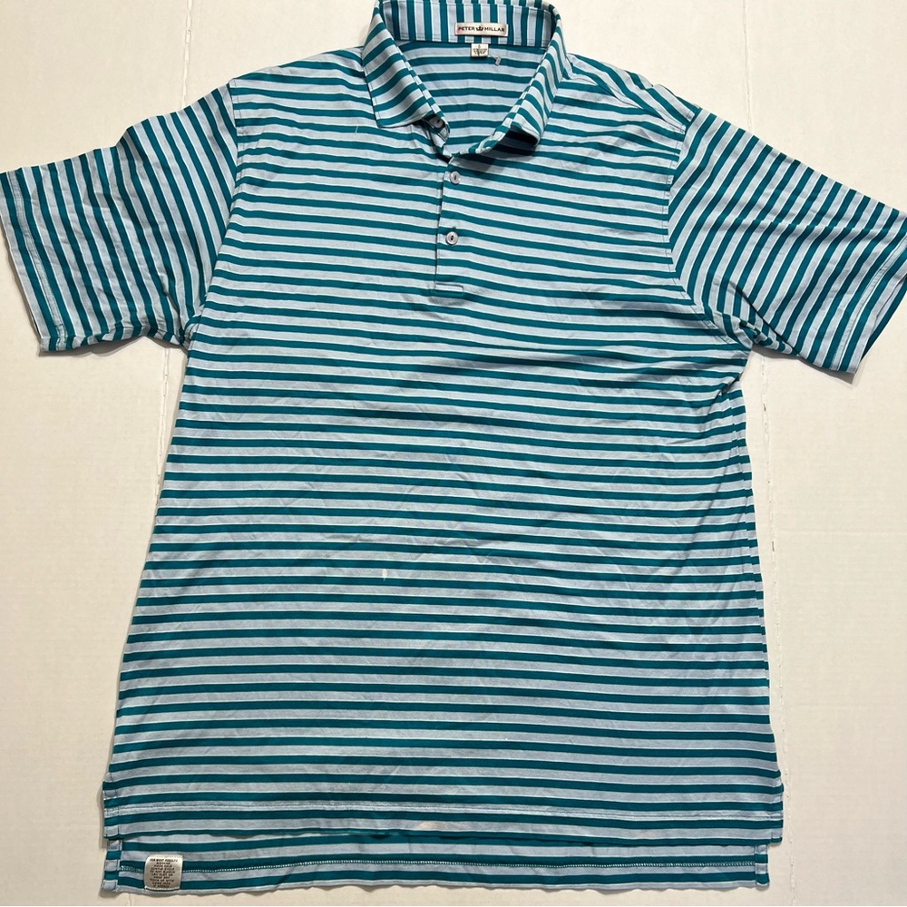 Peter Millar Polo Shirt Mens Large Blue Green Striped Golf  Preppy Rugby